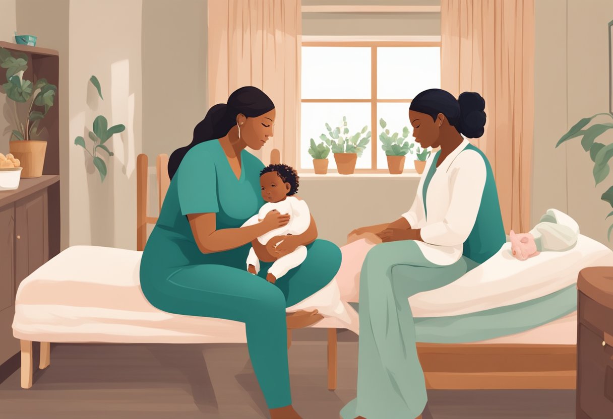 A woman in labor sits with a birth doula offering support. In another room, a postpartum doula helps a new mother with household tasks