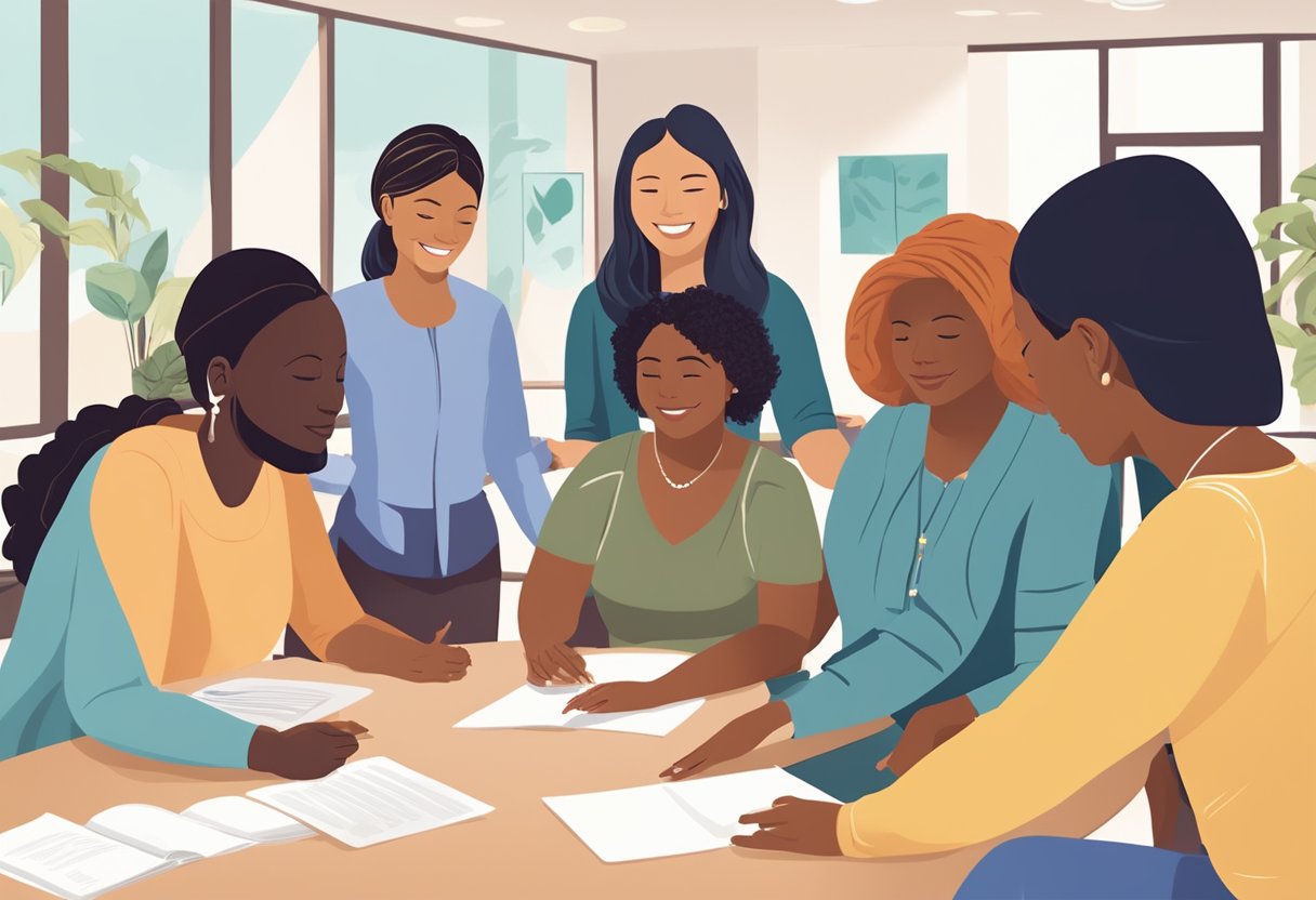 A group of diverse individuals gather in a bright, welcoming classroom setting, engaged in discussions and hands-on activities related to doula certification programs