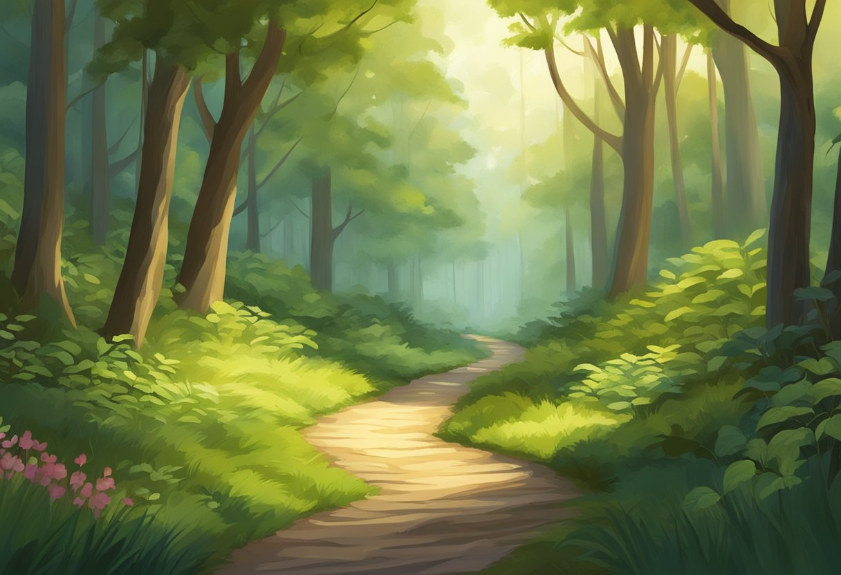 A serene path winding through a lush forest, leading to a peaceful clearing with a warm, welcoming atmosphere