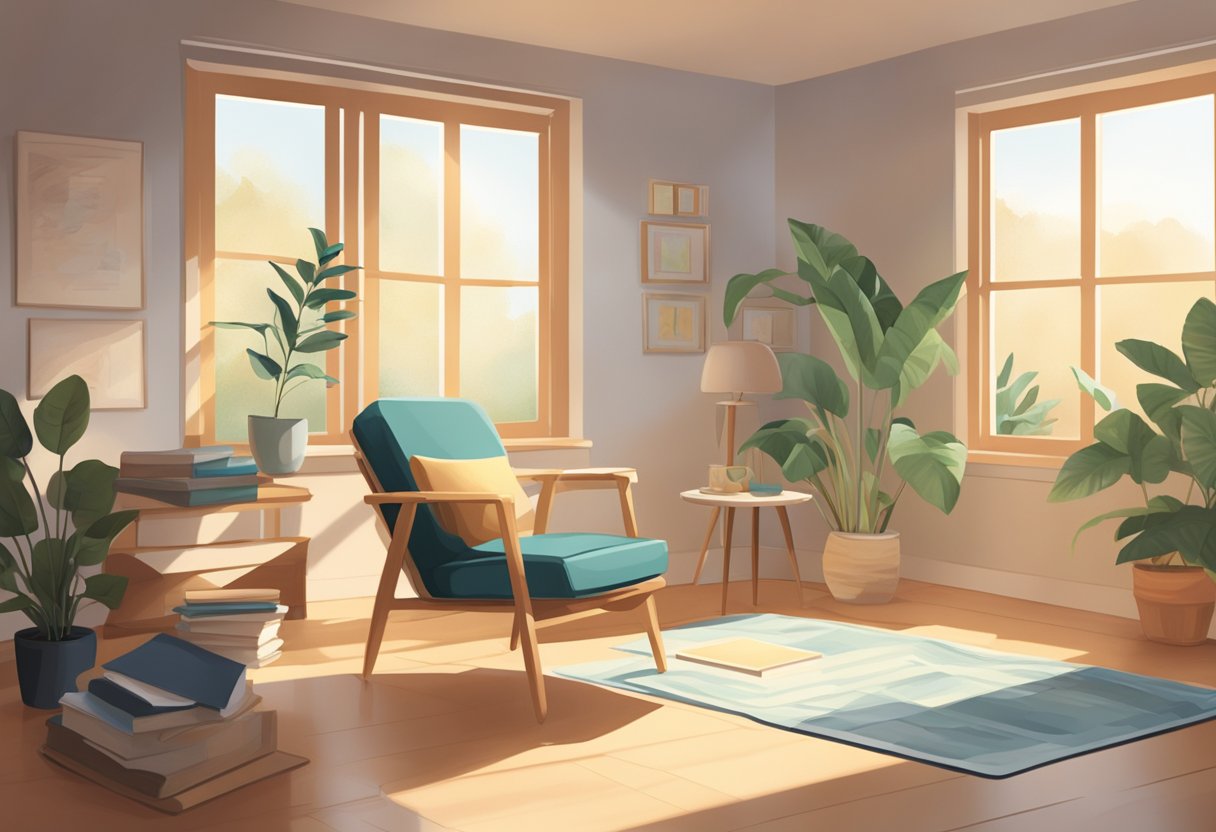 A serene, sunlit room with a comfortable chair and a table holding various doula certification program materials. A sense of calm and focus permeates the space