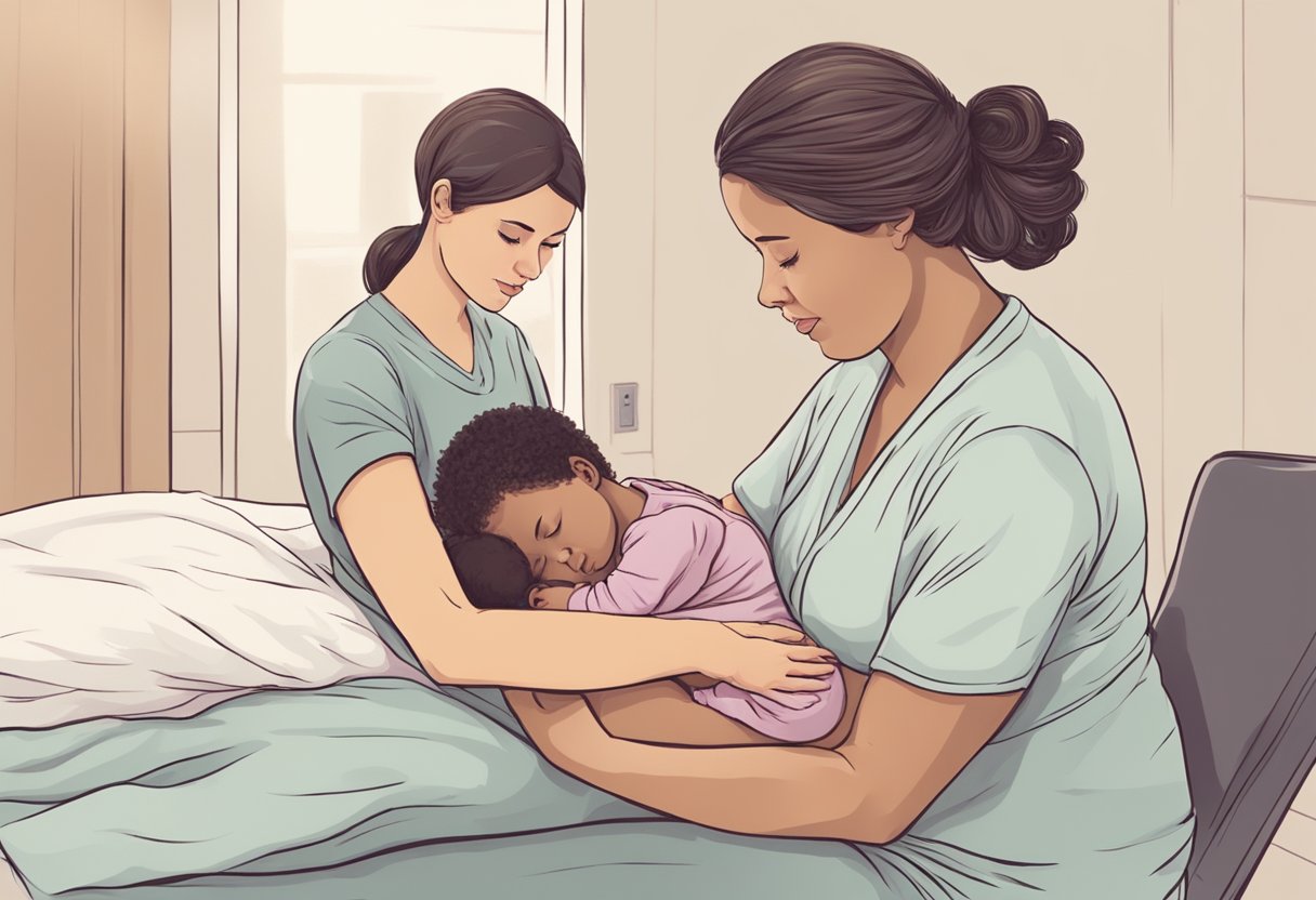 A doula providing emotional and physical support to a laboring person, offering comfort and reassurance during childbirth