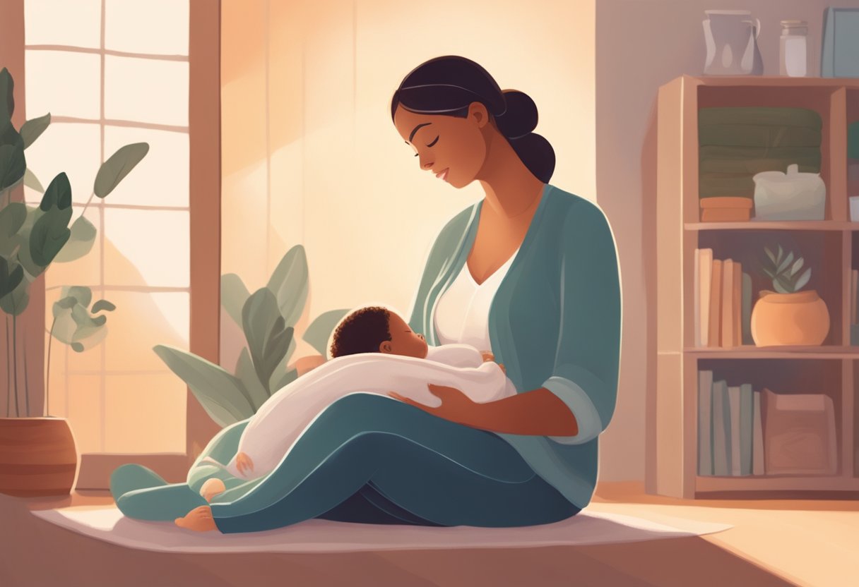 A doula providing postpartum and breastfeeding support to a new parent in a cozy, nurturing environment with soft lighting and a calm atmosphere