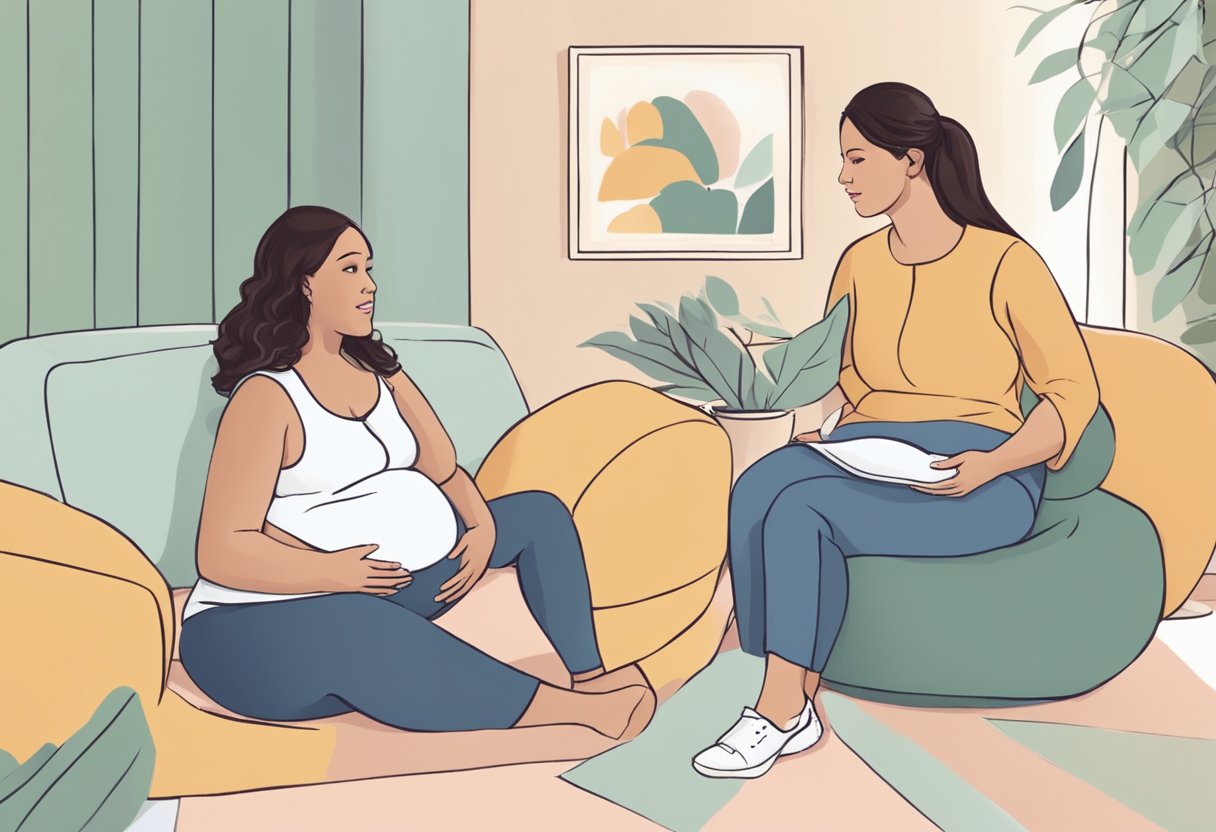 A pregnant person meeting with a doula, discussing birth plans and support options