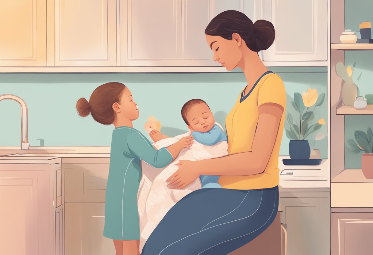 A postpartum doula comforting a new mother while tending to household tasks, surrounded by soothing colors and gentle lighting