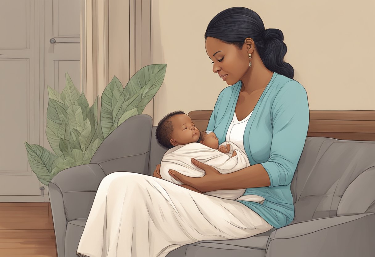 A postpartum doula sits with a new mother, offering support and guidance. The doula provides emotional and practical assistance, creating a nurturing and comforting environment for the mother and her newborn