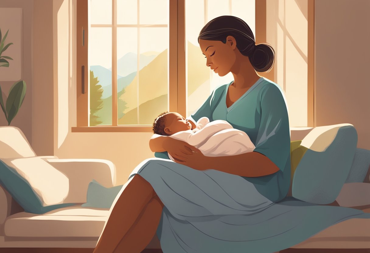 A peaceful mother and newborn rest as a doula provides support and guidance in a cozy, sunlit room