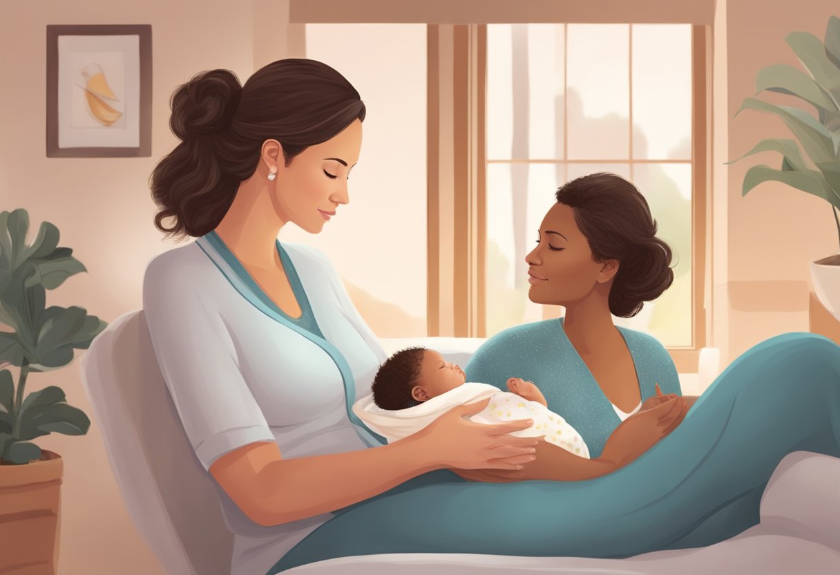 A postpartum doula providing support to a new mother, offering guidance and assistance in a warm and nurturing environment