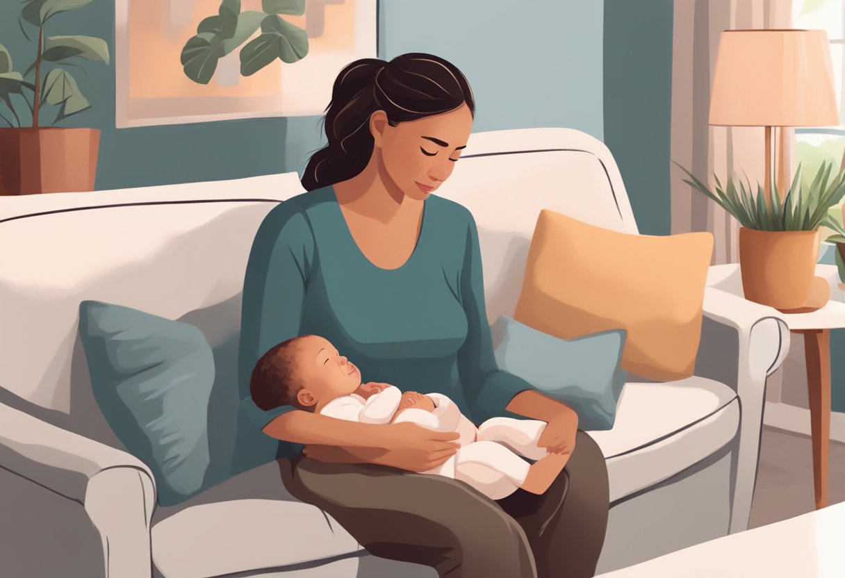 A postpartum doula comforting a new mother, providing emotional support and guidance as they sit together in a cozy living room