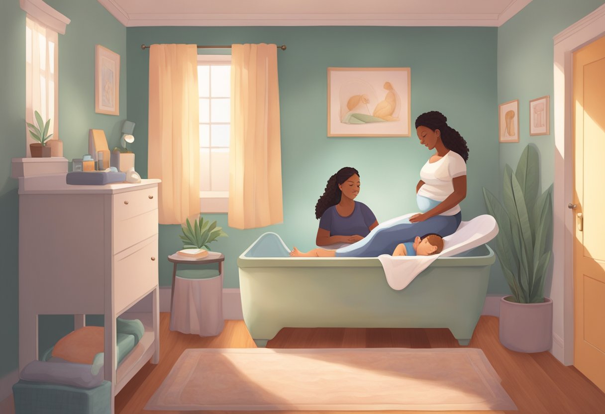 A serene birthing room with soft lighting, a comfortable birthing tub, and a supportive doula guiding the laboring mother through contractions