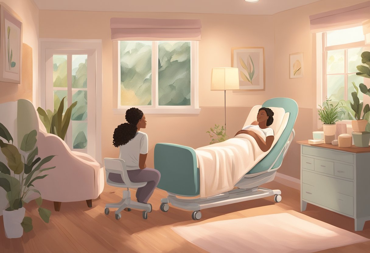 A serene birthing room with soft lighting, a comfortable birthing chair, and a supportive doula guiding a mother through labor