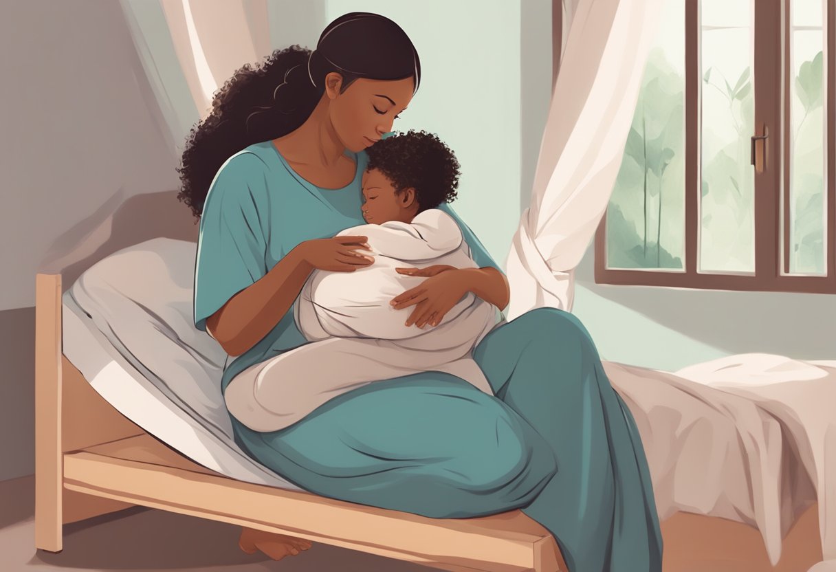 A doula comforting a laboring mother, offering support and guidance during childbirth