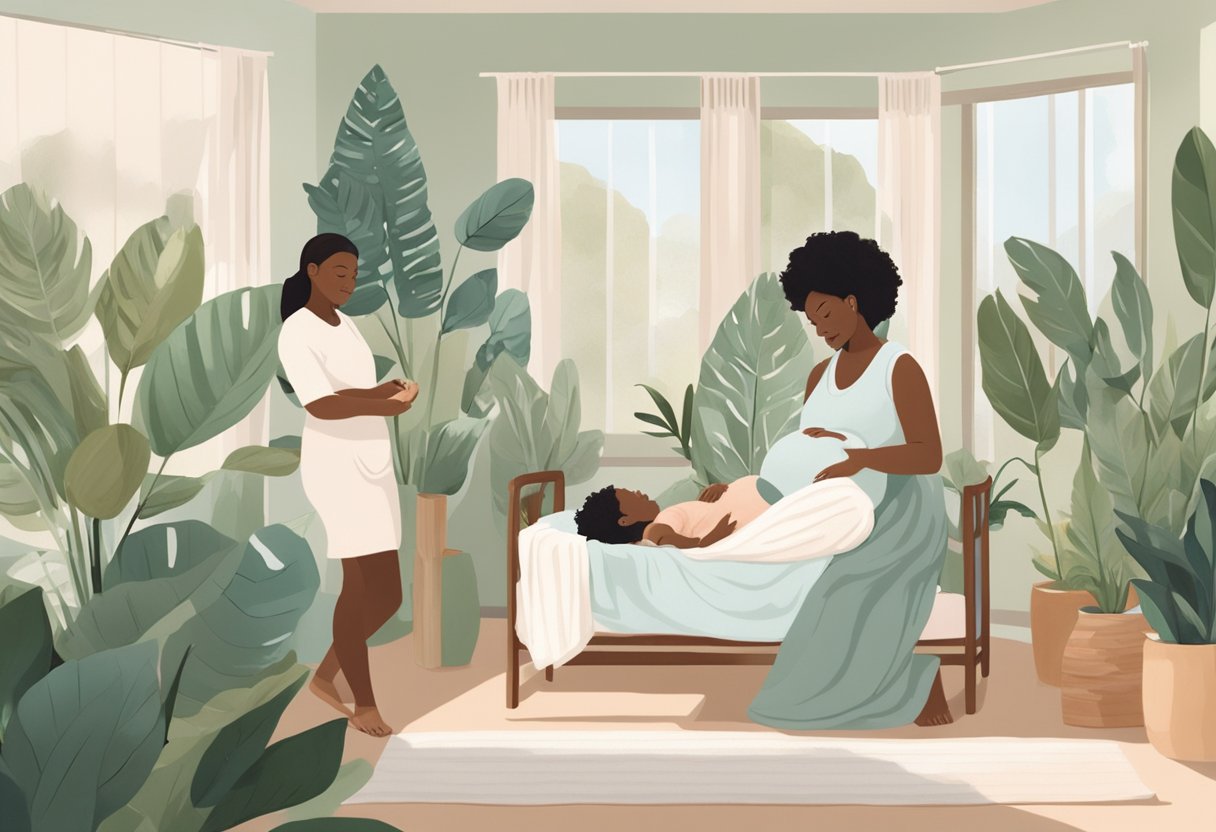 A serene birthing room with natural light, plants, and calming decor. A doula supporting a laboring mother, surrounded by a supportive team