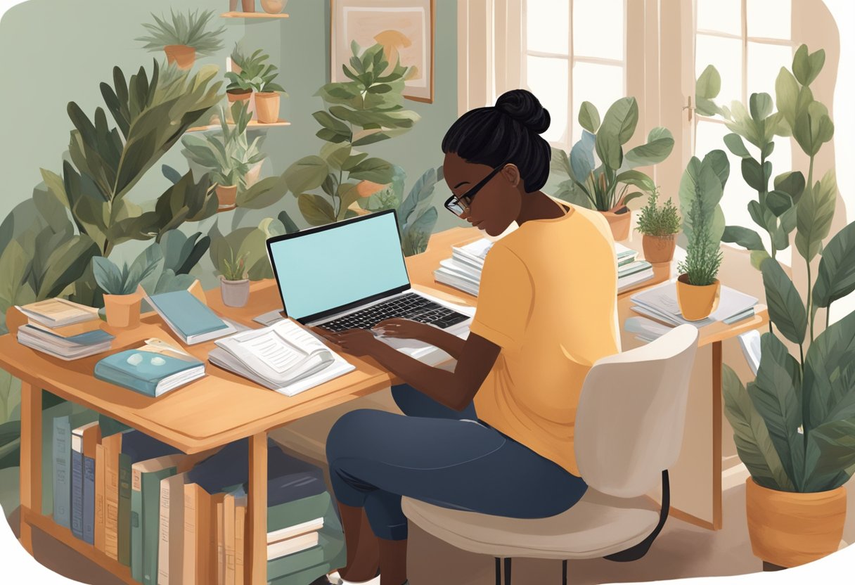 A doula sitting at a desk, surrounded by books, a laptop, and notes. A warm, inviting space with natural light and plants