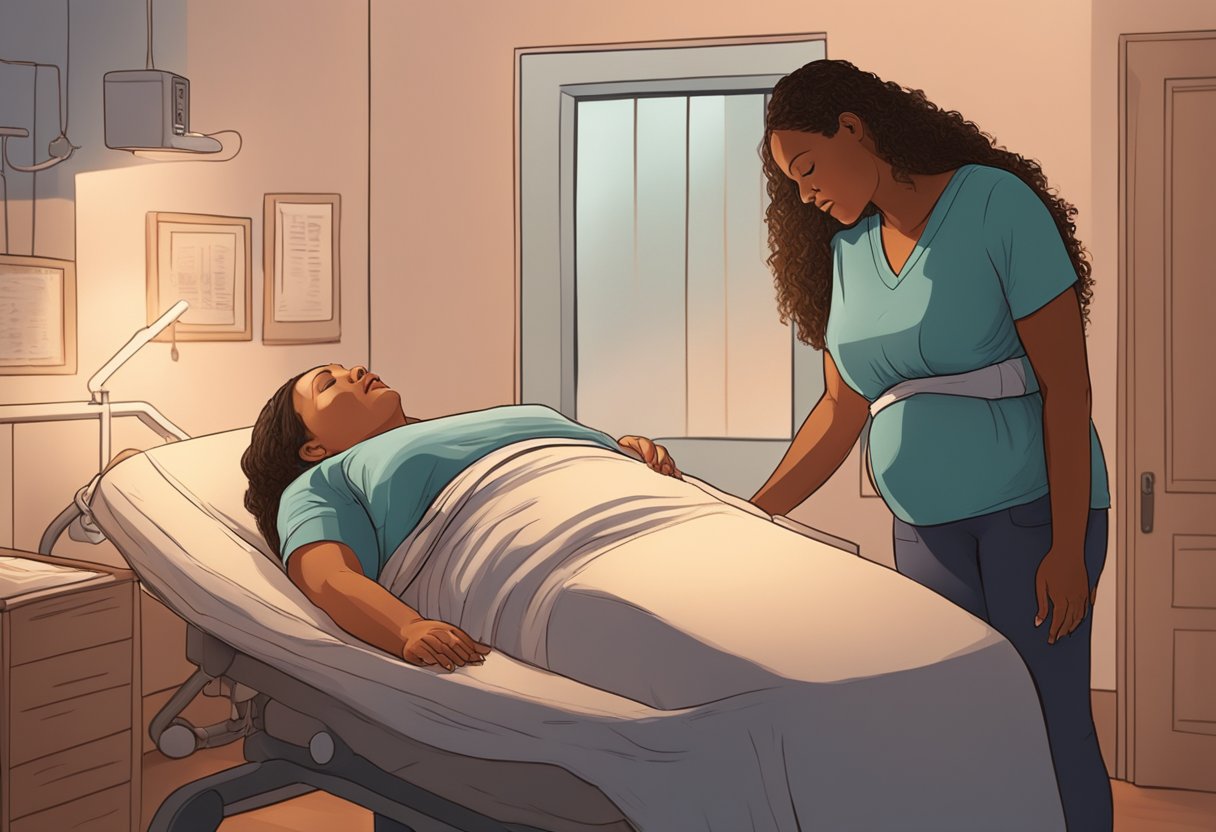 A doula stands beside a laboring woman, offering support and encouragement as she breathes through contractions in a dimly lit birthing room