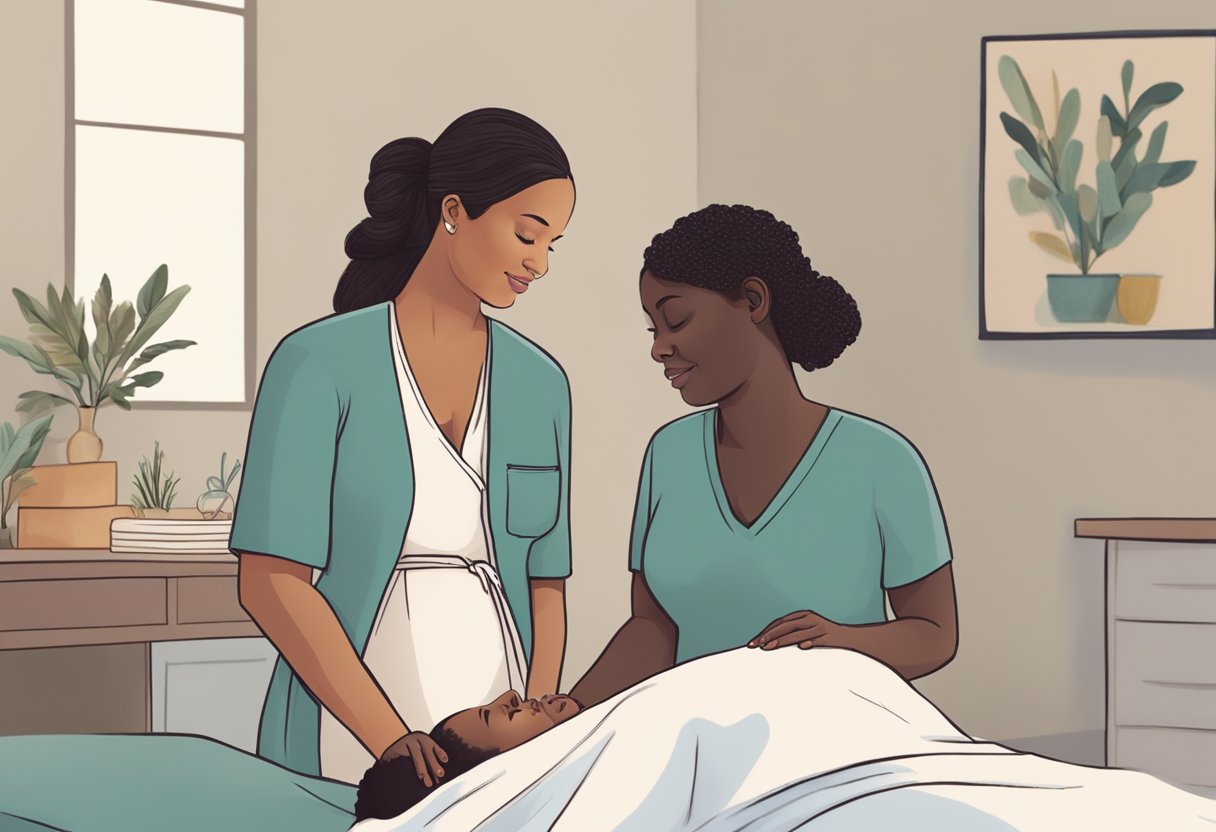 A doula standing beside a laboring woman, offering support and encouragement during childbirth. The doula's presence is calming and empowering as she assists the woman through the process