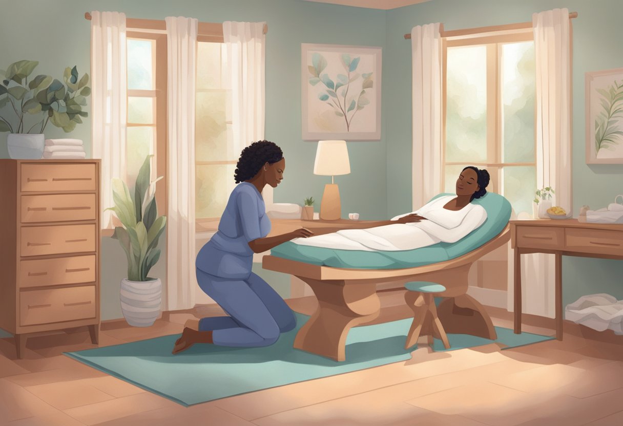 A serene birthing room with a doula supporting a laboring woman, offering encouragement and guidance throughout the birth process