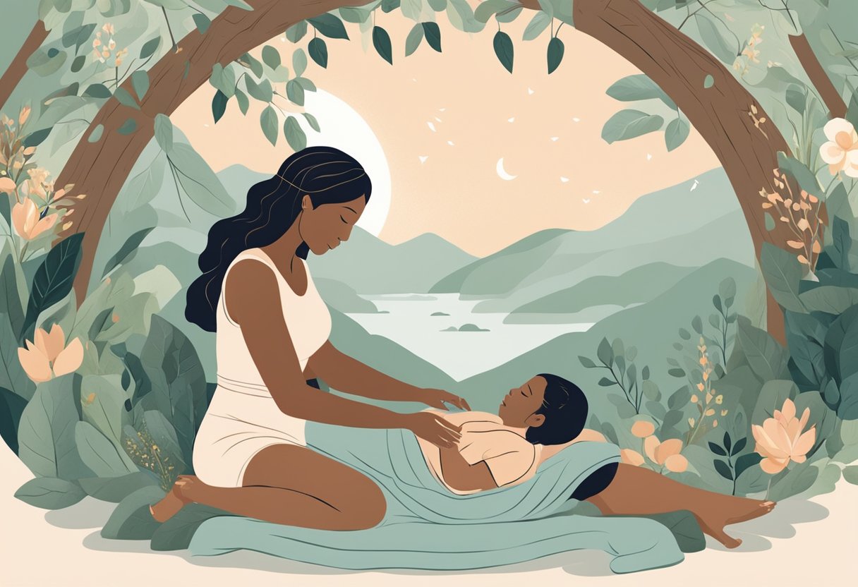 A serene birthing room with a doula providing support and guidance to a laboring woman, surrounded by comforting and empowering symbols of strength and nature