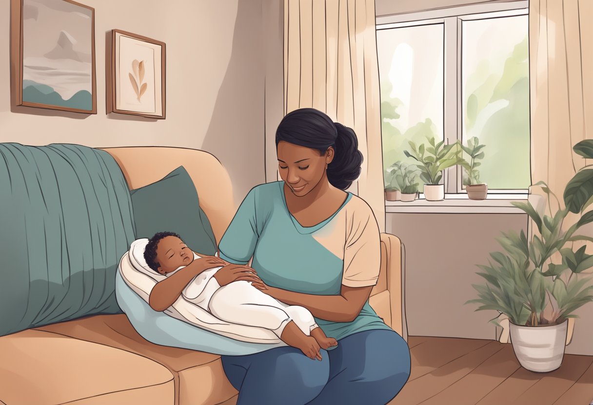 A doula providing emotional support and guidance to a new mother in her home during the postpartum period