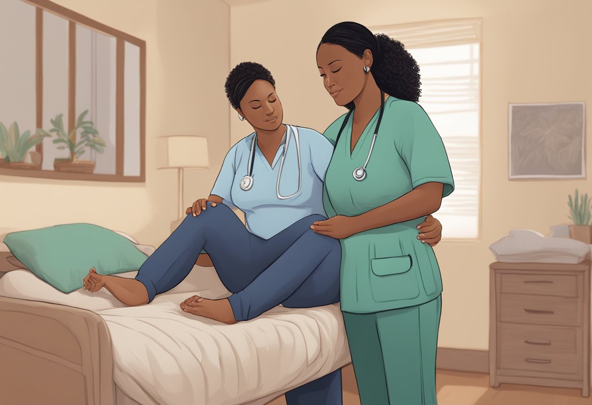 A doula confidently guides a laboring woman, offering support and comfort