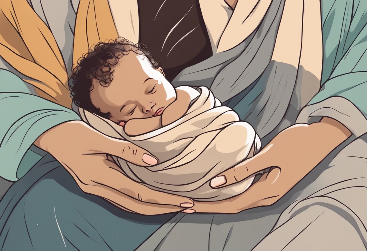 A doula's hands gently cradling a newborn baby, surrounded by a peaceful and supportive environment