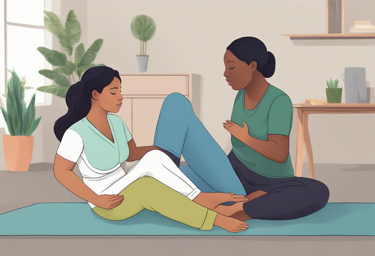 A doula supporting a laboring person through breathing exercises and providing emotional support