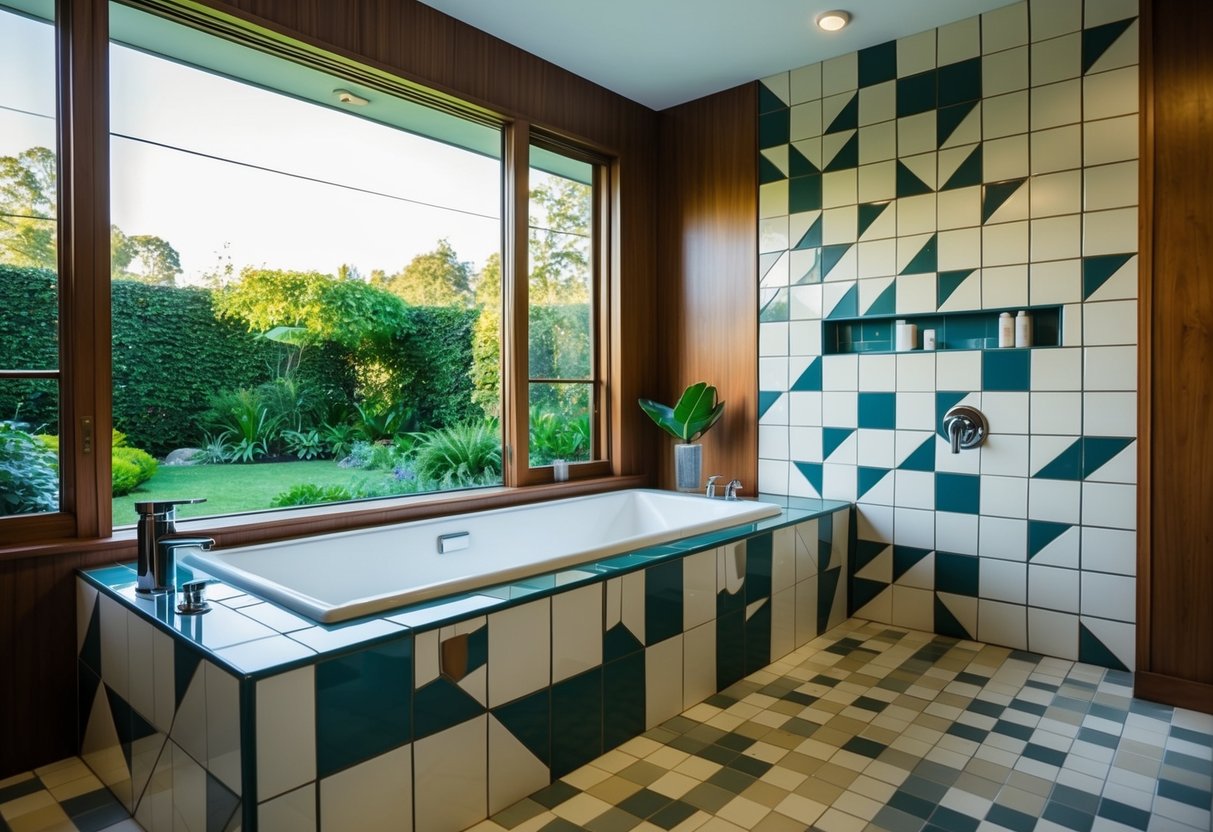 A mid-century bathroom with geometric tiles, sleek fixtures, and a sunken bathtub surrounded by wood paneling and large windows overlooking a lush garden