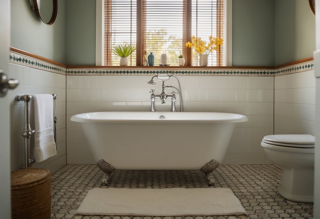 A freestanding bathtub sits in a mid-century bathroom, surrounded by vintage tile and fixtures