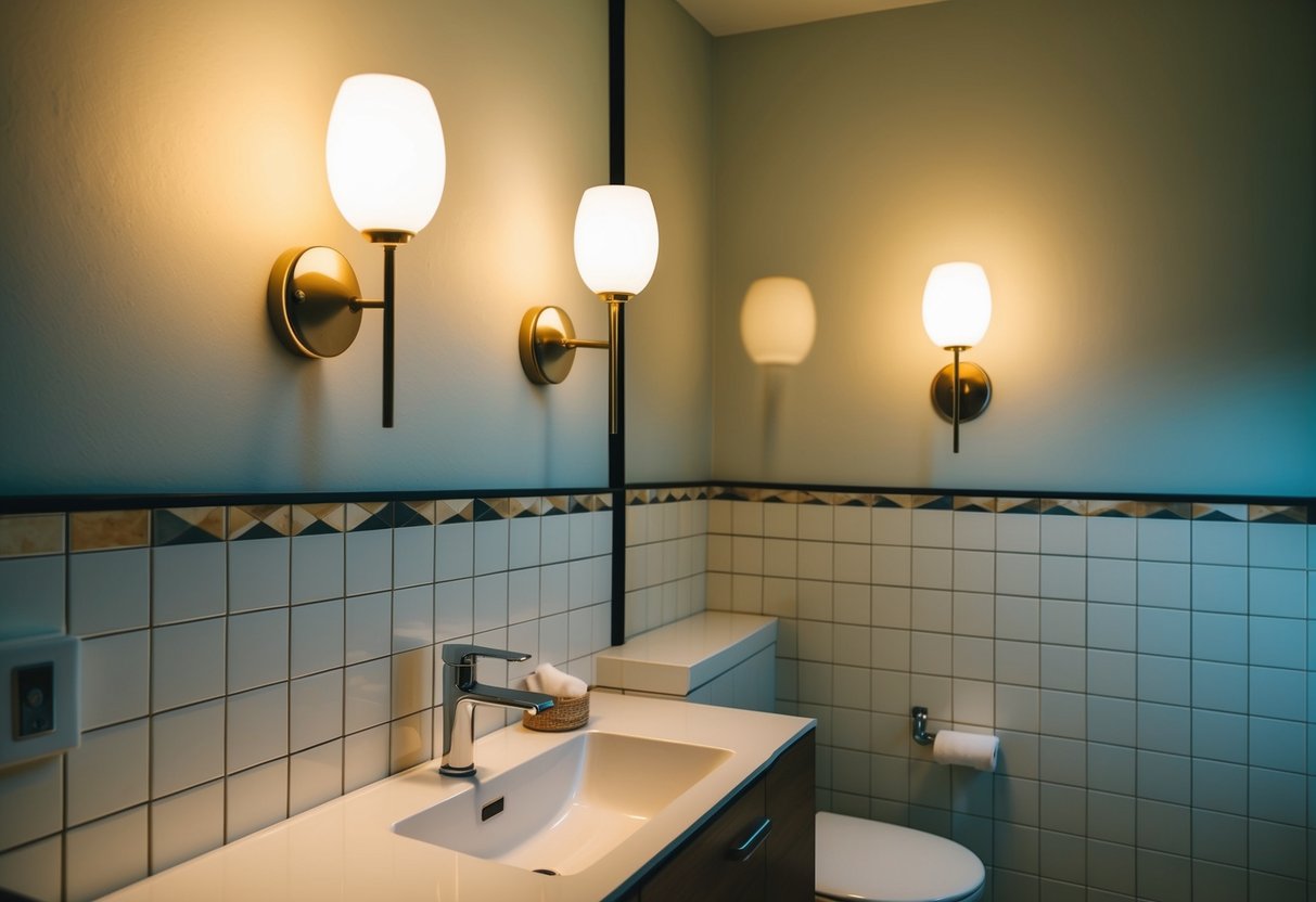 A mid-century bathroom with retro wall sconces casting warm light on sleek, minimalist fixtures and geometric tile patterns