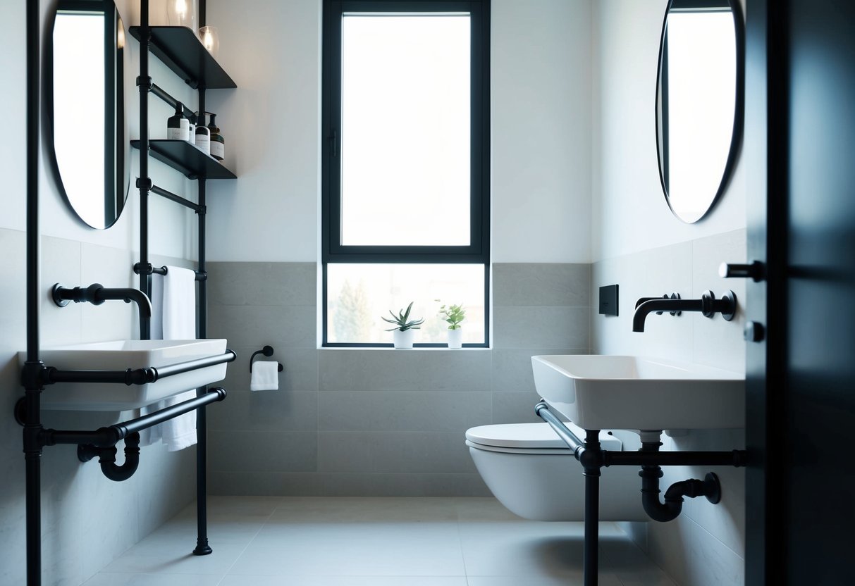 A sleek, minimalist bathroom with industrial pipe shelving, featuring mid-century design elements and clean lines