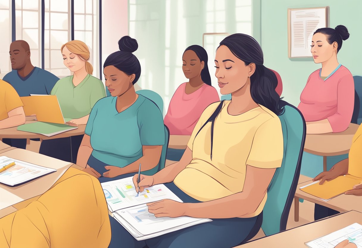 A doula in training carefully listens and takes notes during a childbirth education class, surrounded by colorful diagrams and educational materials