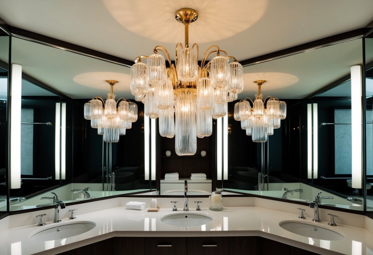 A luxurious mid-century bathroom with a stunning Murano glass chandelier as the focal point, surrounded by sleek and elegant design elements