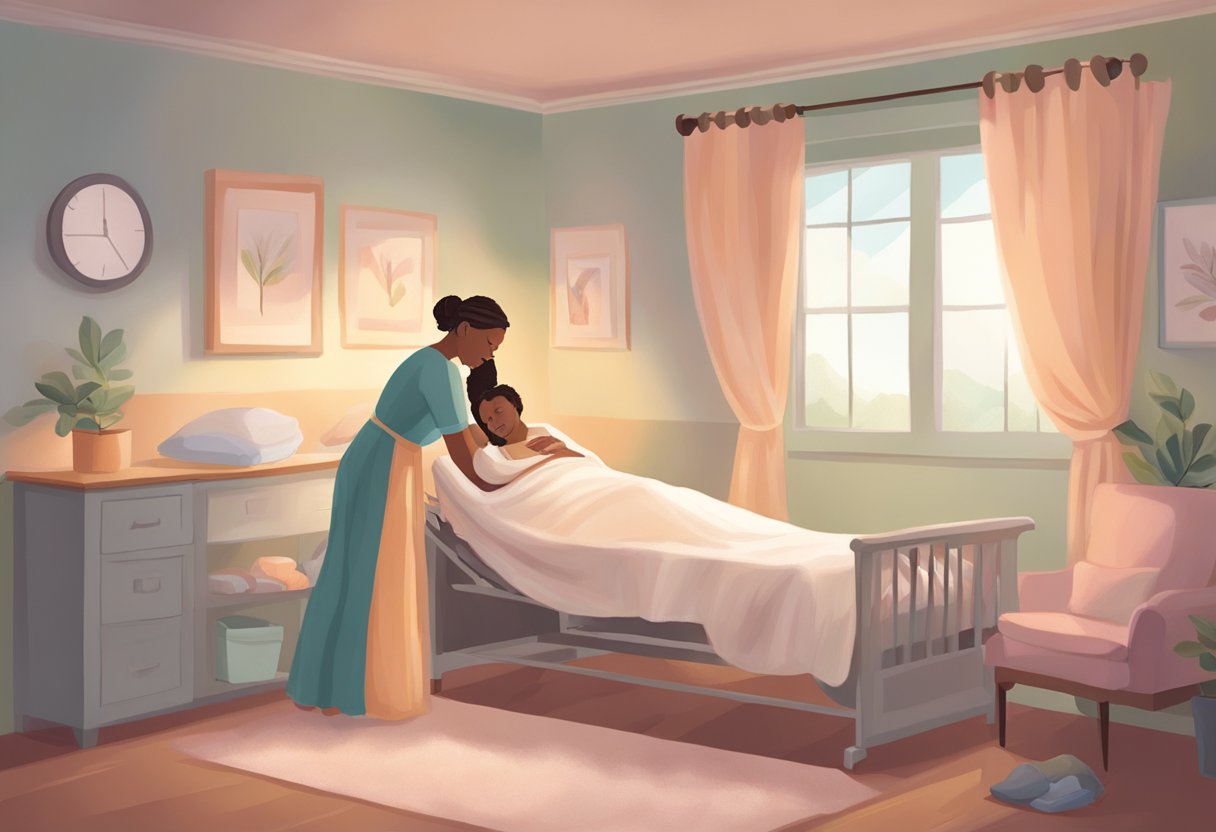 A serene and comforting birthing room, with soft lighting and soothing colors. A doula gently supports a laboring mother as she breathes through contractions