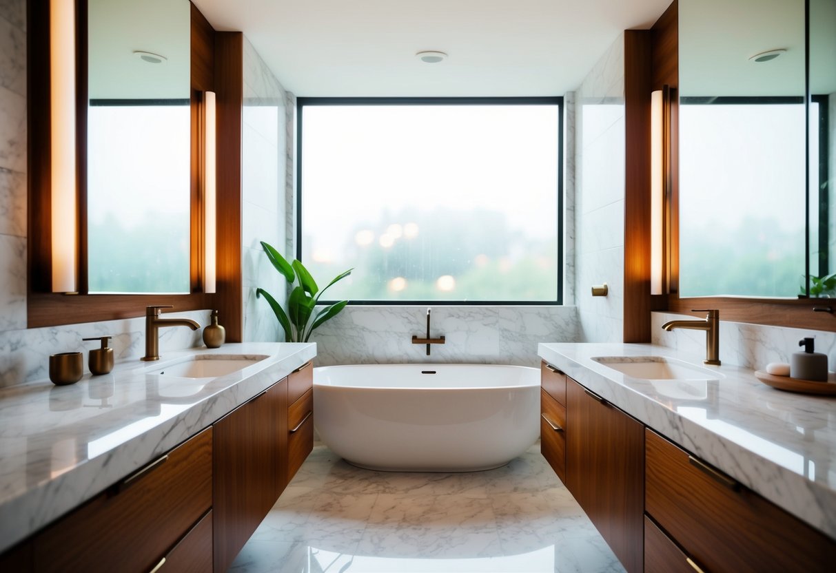 A mid-century bathroom with sleek marble countertops, minimalist fixtures, and warm wood accents