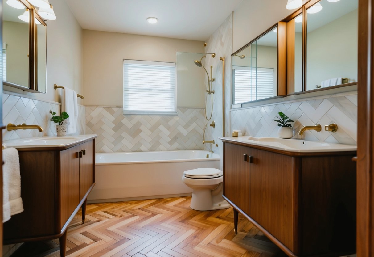 A mid-century bathroom with chevron wood floors, vintage fixtures, and minimalistic decor