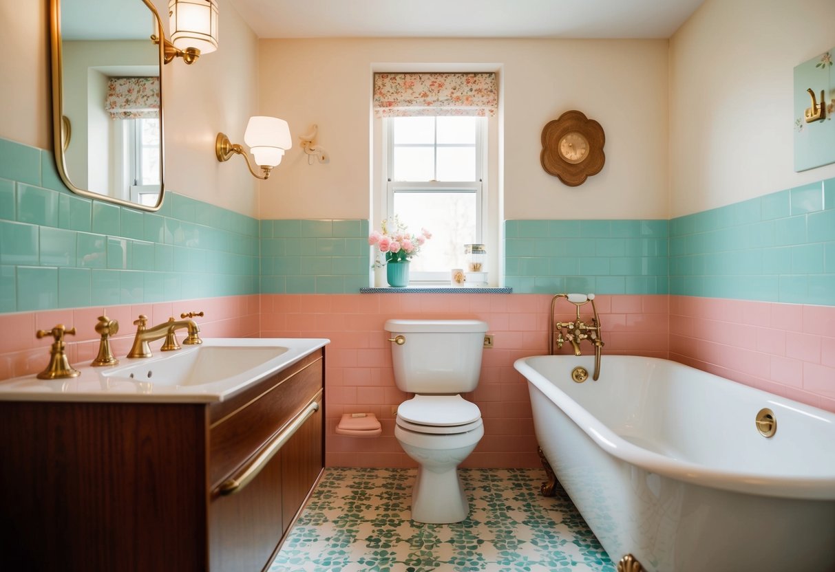 A mid-century bathroom with pastel tiles, retro fixtures, and vintage decor