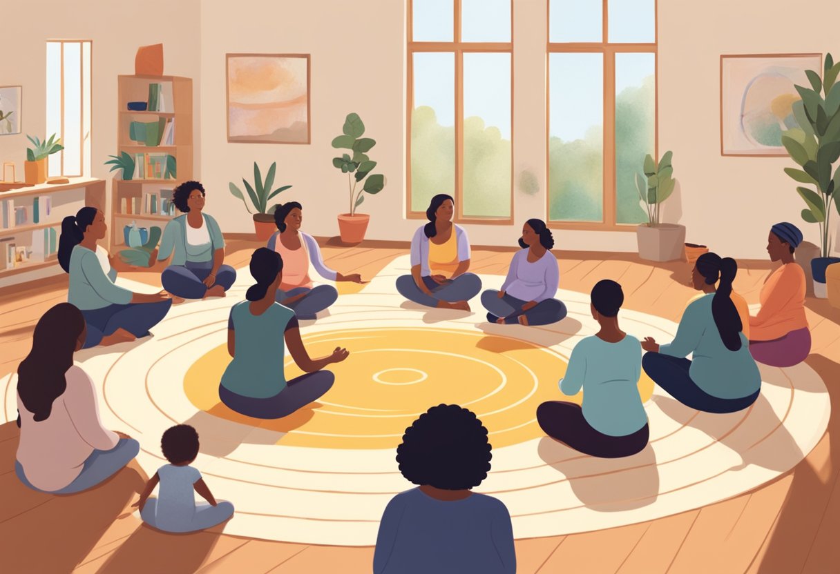 A cozy, sunlit room with a circle of expectant mothers and a knowledgeable doula leading a training session