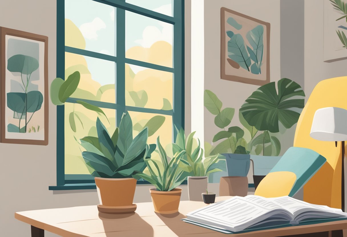 A serene, cozy room with a large table covered in colorful brochures and pamphlets about doula training programs. A bright window lets in natural light, and a potted plant adds a touch of greenery to the space