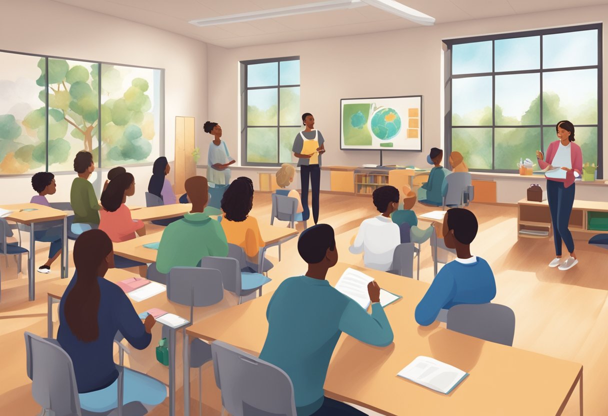 A serene classroom setting with a diverse group of individuals engaging in interactive learning activities and discussions led by a knowledgeable instructor