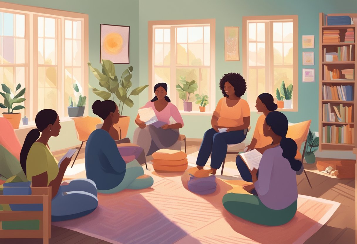 A cozy, sunlit room filled with expectant mothers and doulas in deep conversation, surrounded by colorful posters and educational materials