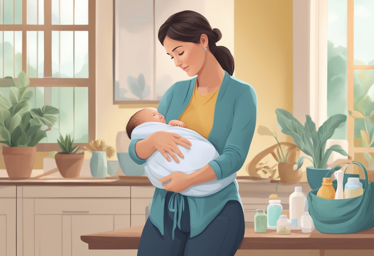 A postpartum doula supporting a new mother with household tasks and baby care, providing emotional support and guidance