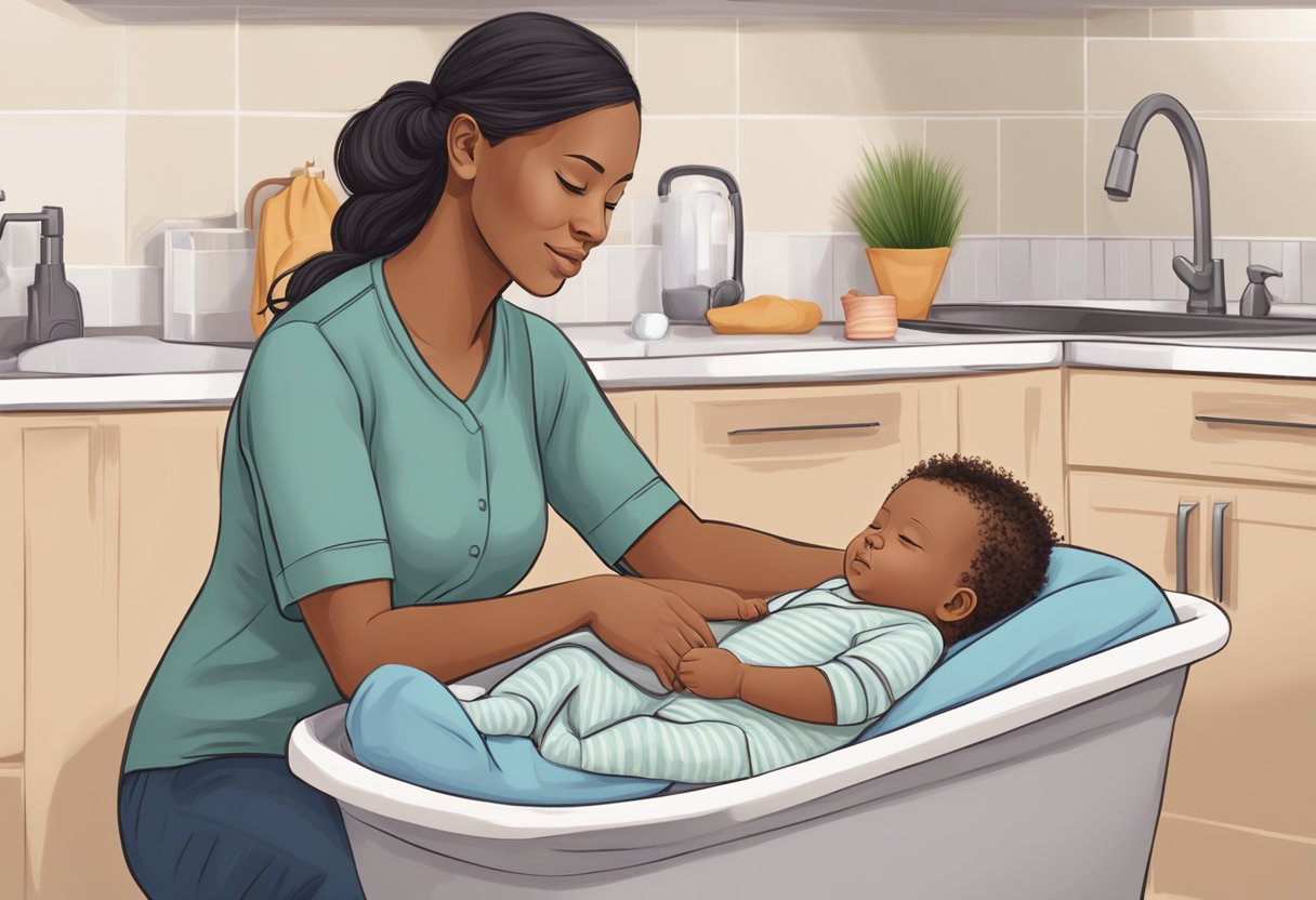 A postpartum doula providing emotional support and guidance to a new mother, assisting with household chores and caring for the newborn