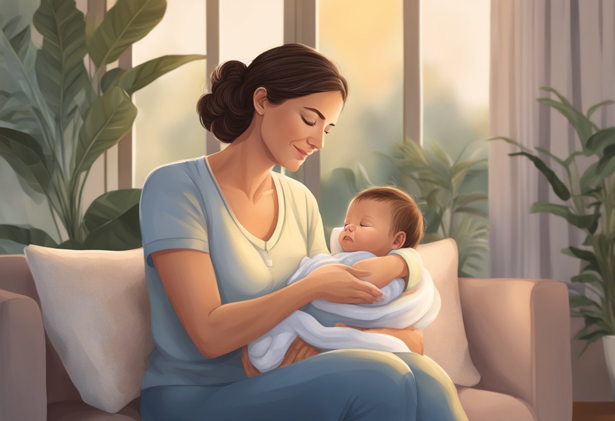 A postpartum doula tenderly supports a new mother, providing emotional and physical care, while creating a nurturing and calming environment in the home