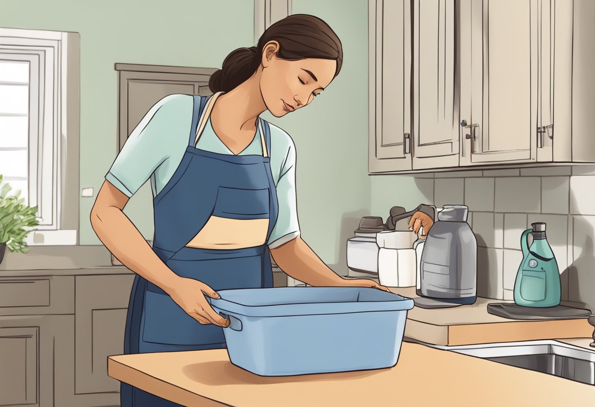 A postpartum doula assisting a new parent with household chores and providing emotional support