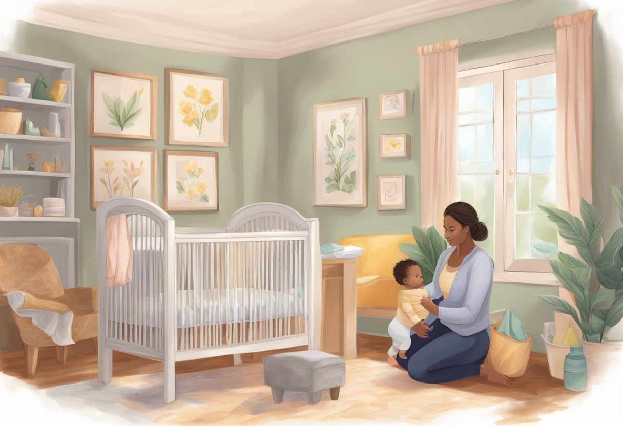 A postpartum doula providing support and guidance to a new mother, assisting with baby care and household tasks, creating a nurturing and peaceful environment