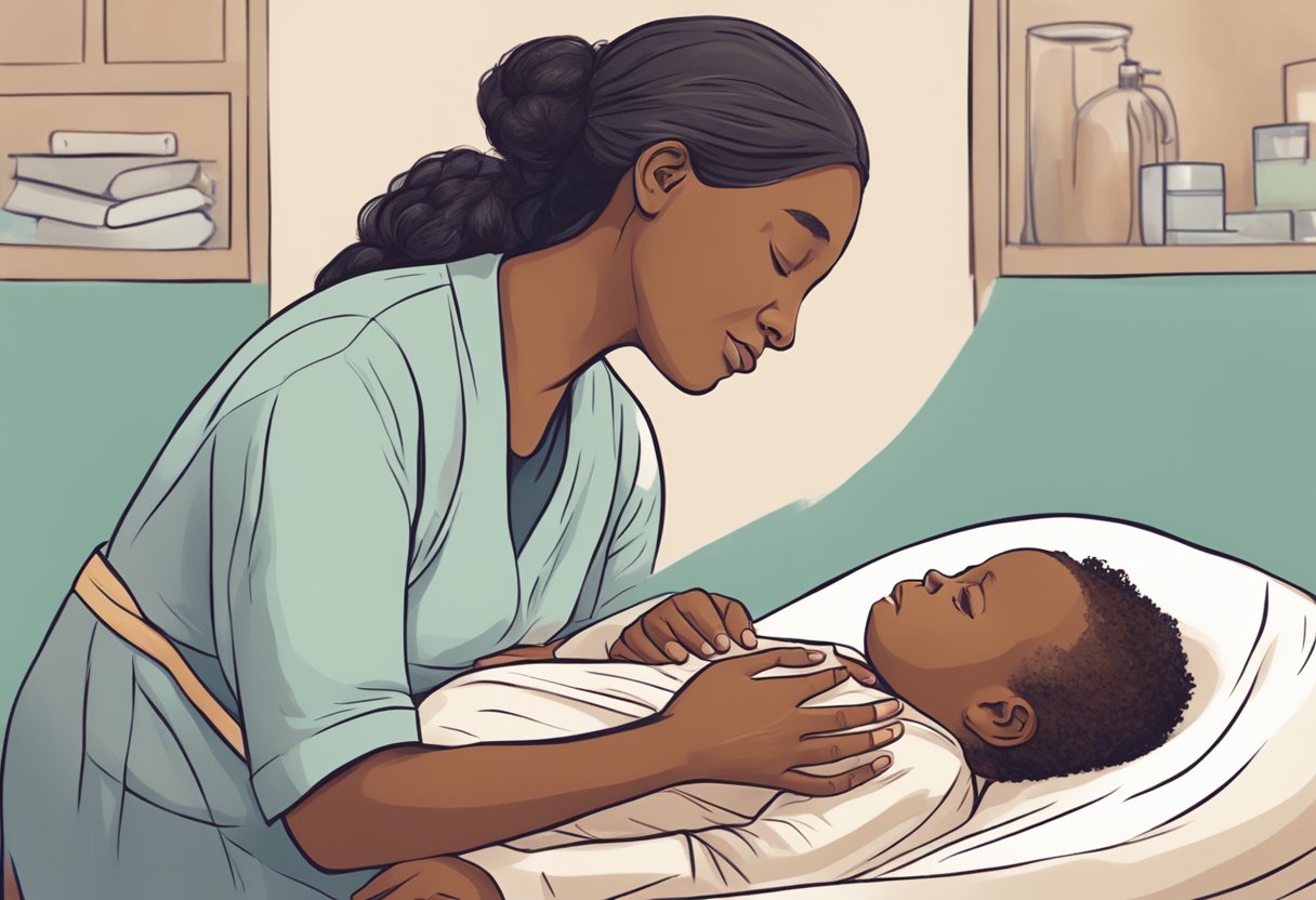 A doula comforting a laboring person with gentle touch and encouraging words during childbirth