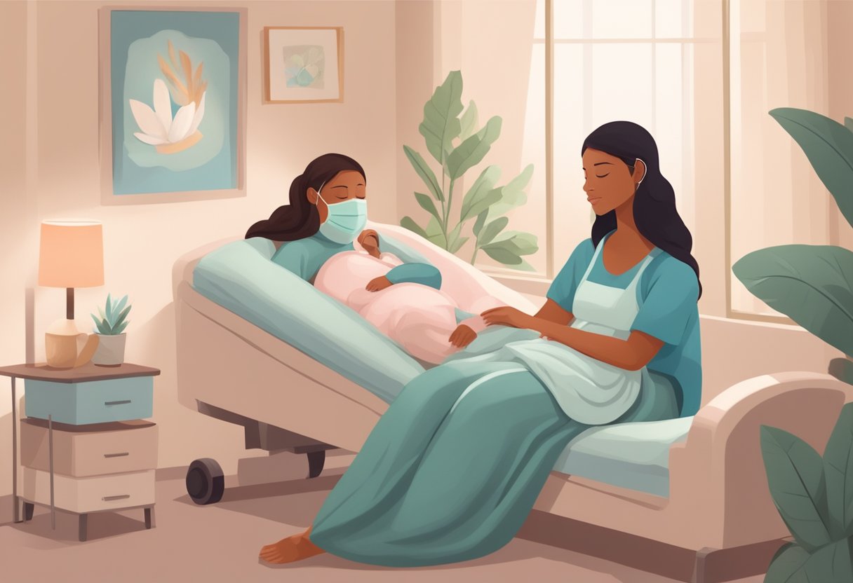 A doula comforting a laboring woman, offering support and guidance during childbirth, creating a calm and nurturing atmosphere in the delivery room