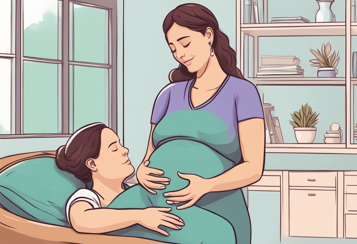 A doula providing continuous support to a pregnant person, offering comfort and guidance before, during, and after delivery