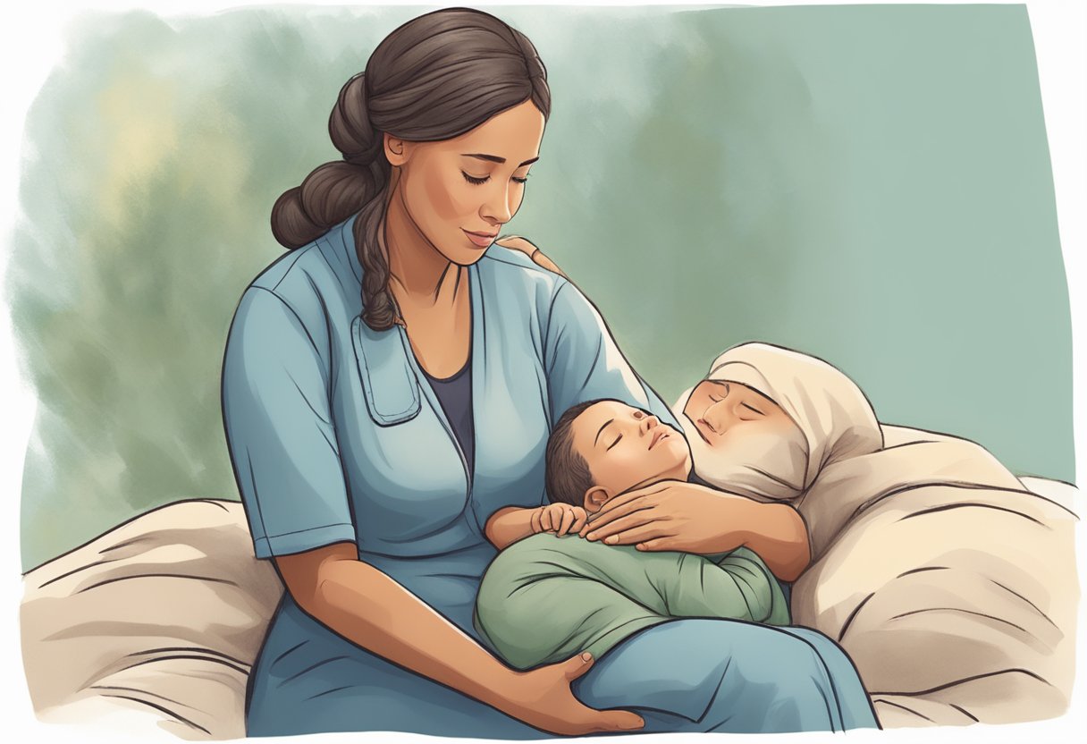 A doula providing emotional support during labor, using comforting touch and calming presence