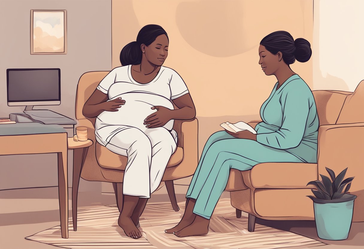 A doula sitting with a pregnant woman, offering support and guidance during labor