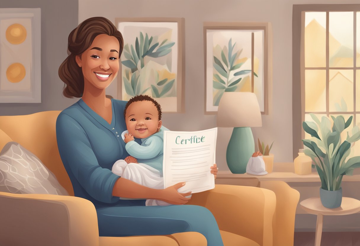 A doula holding a certificate with a smiling client and a newborn in a cozy, home-like setting